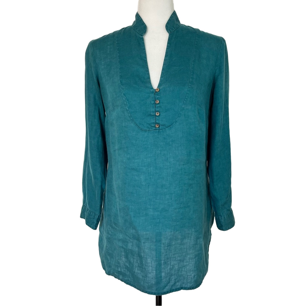 Mexx 100% Linen Teal Tunic Top Size 8 Split Neck Mandarin Collar Long Sleeve